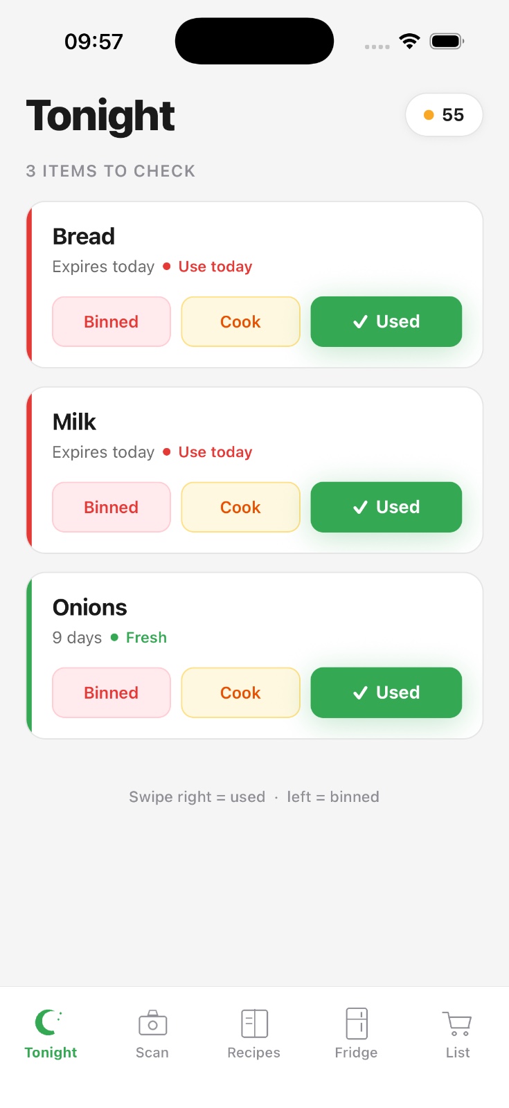 Eco Kitchen Tonight screen showing bread, milk, and onions to check